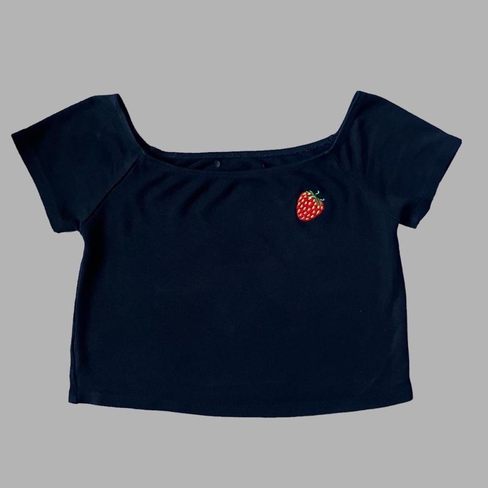 strawberry patch black crop top with a wide neckline
